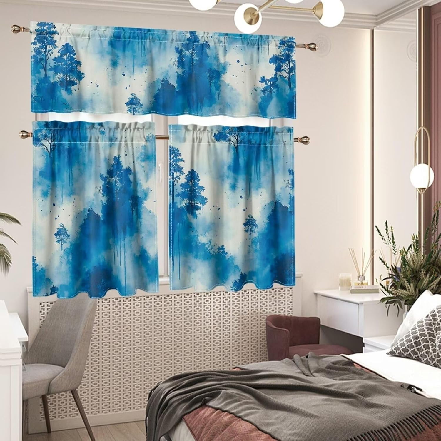 Blue Mountain Trees Kitchen Curtains and Valances Set Kitchen Curtain Set with Valance Kitchen Window Dressing Kitchen Curtain Combo Light Filtering Energy Efficient Curtain Set