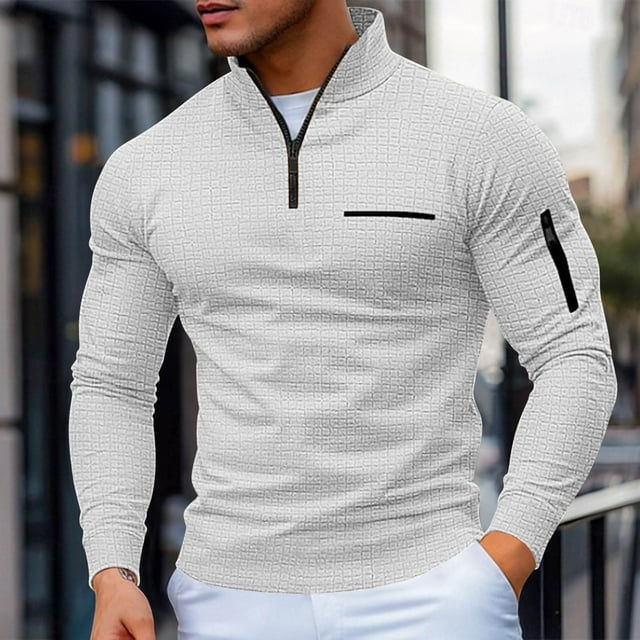 pstuiky Camisas de manga larga abrigadas para hombre, Top a cuadros de cuello alto y manga larga con media cremallera de color liso para hombre camisetas de hombre xl