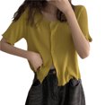 thumbnail image 3 of Camisa de mujer Botón Suéter de punto fino Camiseta casual de manga corta suave, Amarillo AweSitey AP001278-02B, 3 of 7