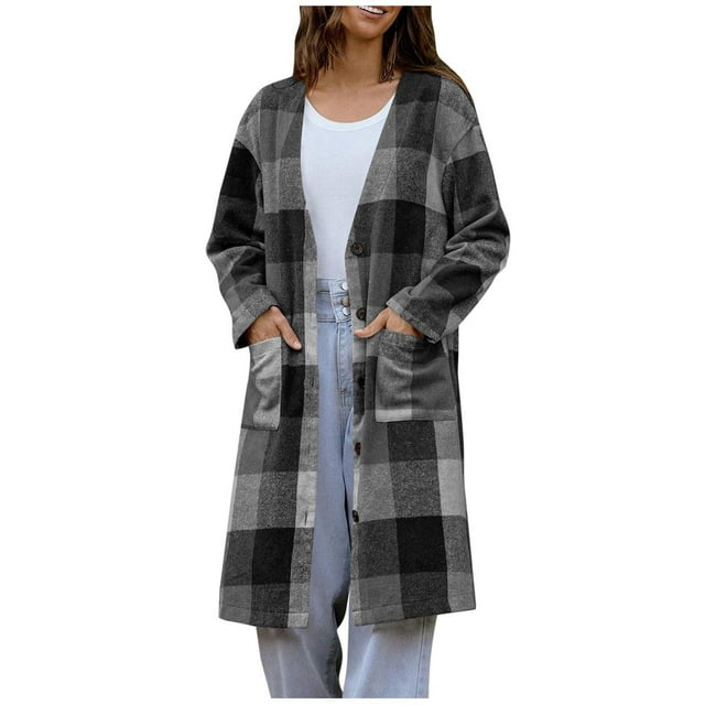 RXMEKW Plaid Wool Blend Coat With Button Front And Pockets for Women, Longline Cardigan Jacket, Brown