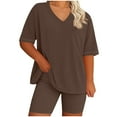 thumbnail image 2 of Kilaqueen Women Plus Size 2 Piece Outfits Short Sleeve V Neck Tunic Tops and Skinny Biker Shorts Sets Workout Matching Summer Outfits Casual Tracksuits Lounge Sets, 2 of 4