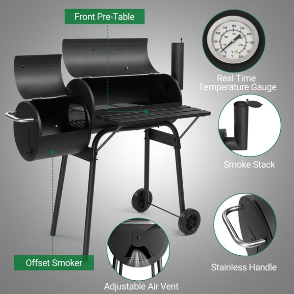 Charcoal Grill & Offset Smoker Combo - 43.7" Heavy-Duty All-Metal with Side Table, Wheels & Thermometer - Backyard, Patio BBQ Smoker