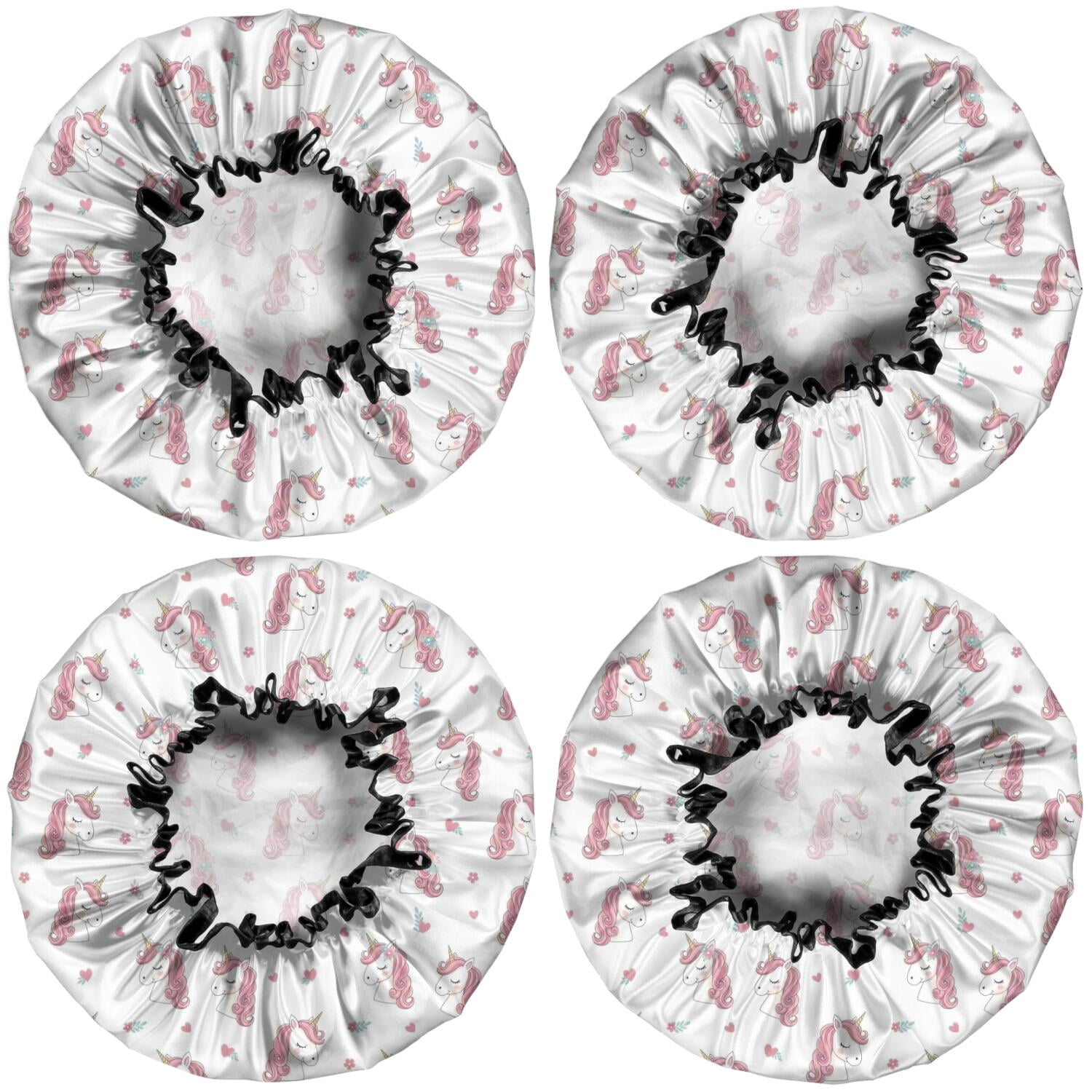 Shower Caps,White Cartoon Unicorn Face Pattern Waterproof Shower Cap for Women 4 Pieces,Double Reusable Hair Cover for Shower PEVA Elastic Stretch Hem