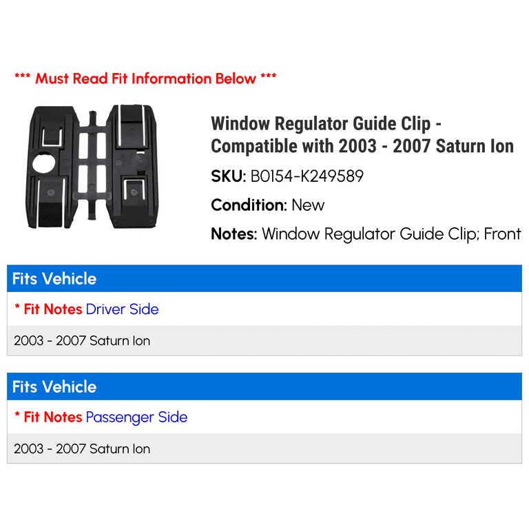 Electric Window Regulator For Front Passenger Right Side – Fits Chevy Cobalt, Pontiac G5, Saturn Ion (2003-2010)