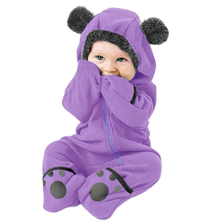 

nsendm Girls Jackets Size Bear Baby Girl Boy Coat Ears Romper Infant Fleece Footed Jumpsuit Children Winter Coats Purple 6-12 Months