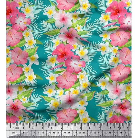 Soimoi Green Satin Silk Fabric Leaves & Tropical Floral Watercolor Decor Fabric Printed BTY 42 Inch Wide