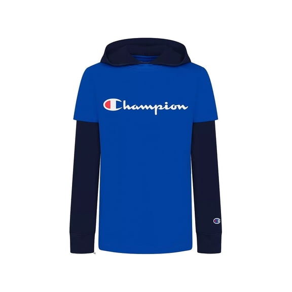 Champion Boys Long-Sleeve Classic Script Hooded Pullover T-Shirt/Tee (Bozetto Blue/Navy, X-Large, XL)