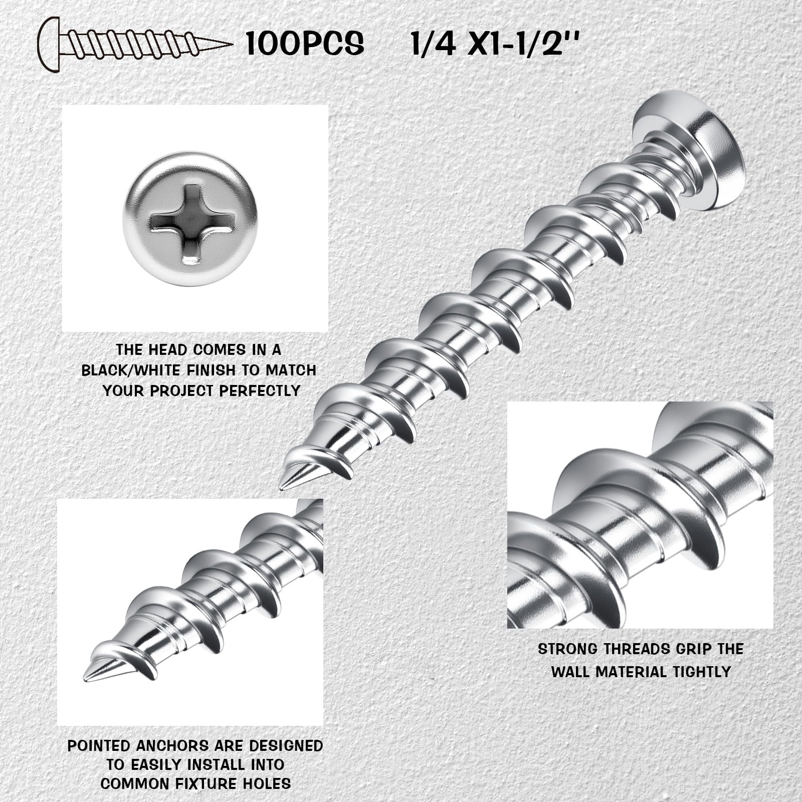100 Pcs Drywall Anchors 1/4 x 1-1/2 Inch Black Pan Head Alloy Steel Light Wall Anchors Heavy Duty Self Drilling Screws for Wood and Other Masonry Materials