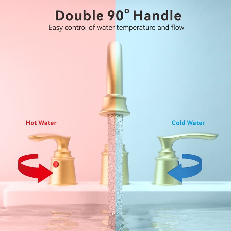 AUKTOPT Bathroom Faucet 3 Hole, 10 Inch Widespread Bathroom Faucet with Metal Pop-up Drain Assembly, Two Handle Vanity Faucet, Brushed Gold