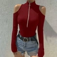 thumbnail image 2 of Arlun,Womens Half Zipper Cold Shoulder T Shirts 2025 Fall Fashion Plain Ribbed Stretchy Tight Sexy Tops Plus Size Women's Long Sleeve Soft Lightweight Tee Shirts Red L, 2 of 5