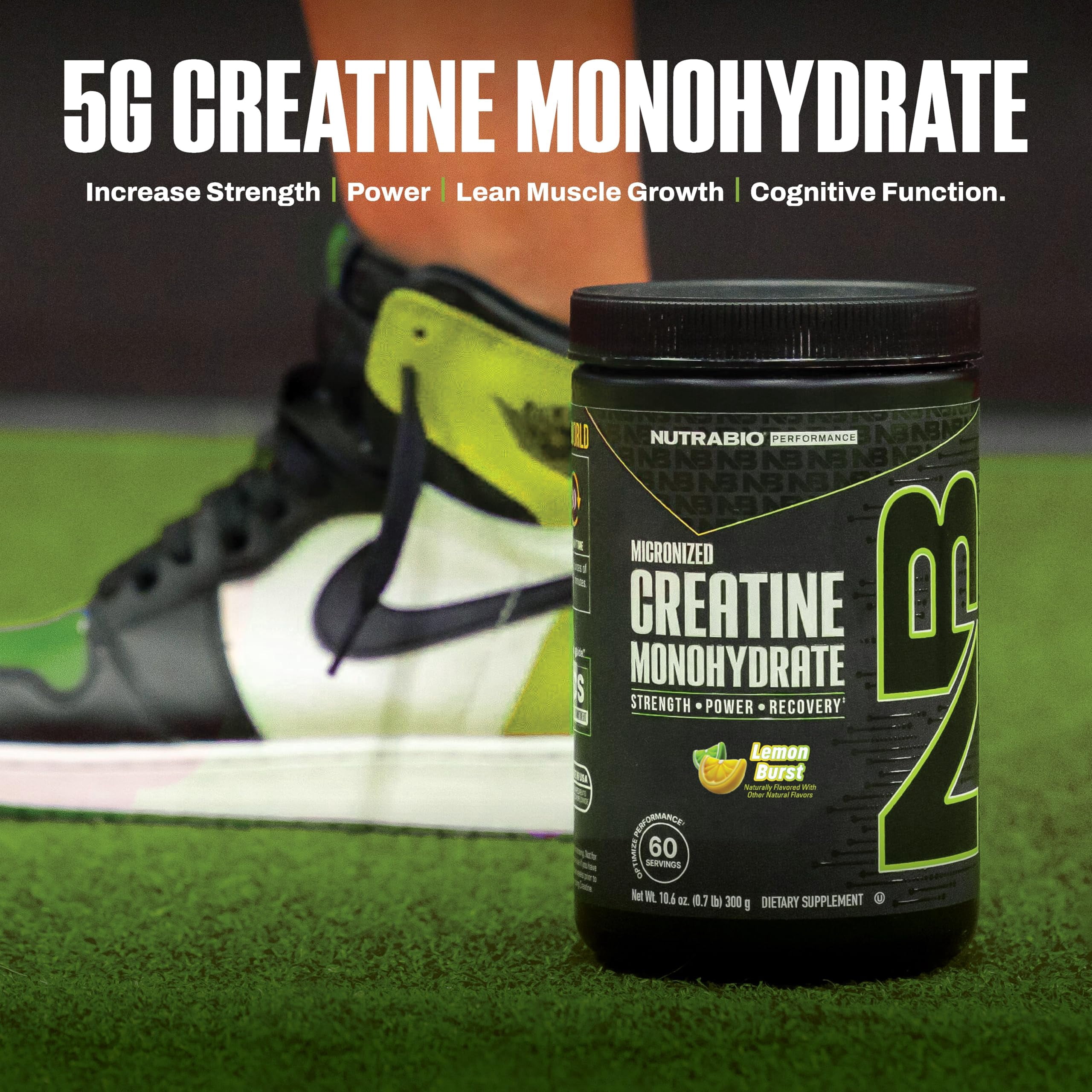 NutraBio Pure Creatine Monohydrate Powder Supplement, Lemon Burst, (300 g) - Supports Bulk Muscle Energy, Recovery, and Strength - HPLC Tested Pure Grade Creatine Powder Supplement for Men and Women
