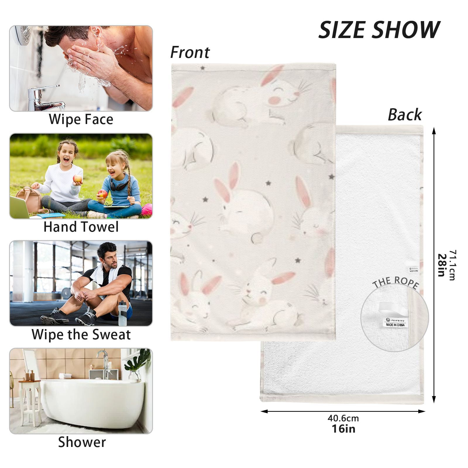 Cute Rabbits Hand Towels Cotton Bath Towels Large Face Towels Absorbent for Bathroom 2 Packs