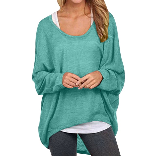 Gibobby Suéter Divertido con Cuello Rojoondo Suéter de manga larga de murciélago para mujer, blusas con hombros descubiertos, suéter holgado de tamaño, camisas informales, blusas (Verde, L)