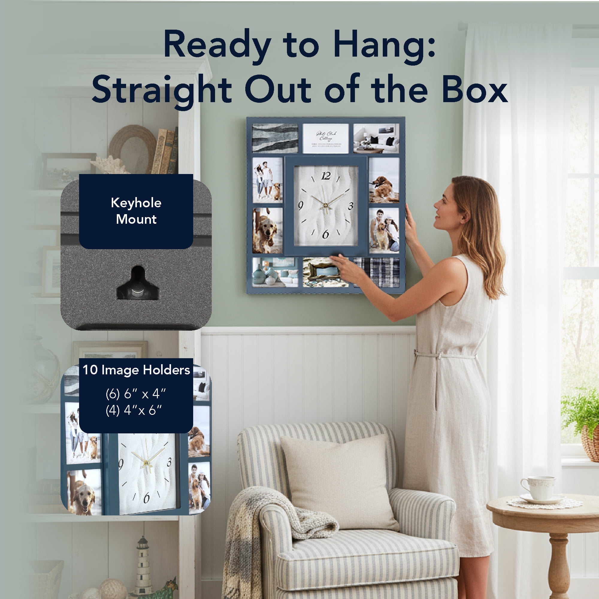 Blue Picture Frame 19.25x 21.5" Collage Wall Clock - 10 Photo Slots, Coastal Modern Decor for Living Room Entryway, Bedroom, Kitchen
