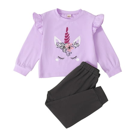 

OLLUISNEO Infant Baby Girls Pants Outfits 18 Months Winter Clothes 24 Months Cartoon Unicorn Print Long Sleeve Top Elastic Pants 2 PCS Set Purple