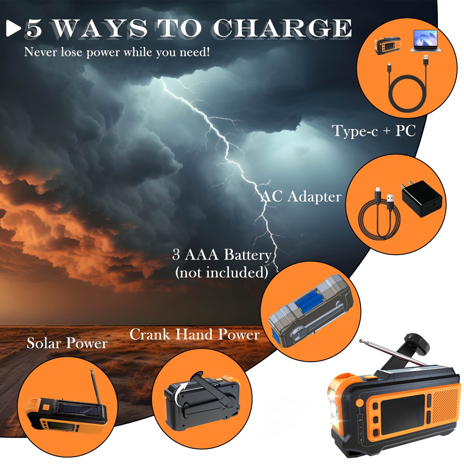 RONY Solar Emergency Radio Portable Hand Crack AM/FM/Weather Radio with SOS Alarm Torch for Camping Hiking Traveling Hurricane