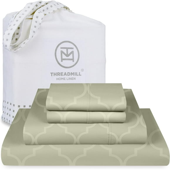 SHILIU-Threadmill 100% Cotton Sheets for King Size Bed | 4 Pc King Bed Sheets Set | Soft, Breathable Lightweight Damask Sateen for All-Season Use | Snug Fit Elastic Deep Pocket King Sheets | Sage