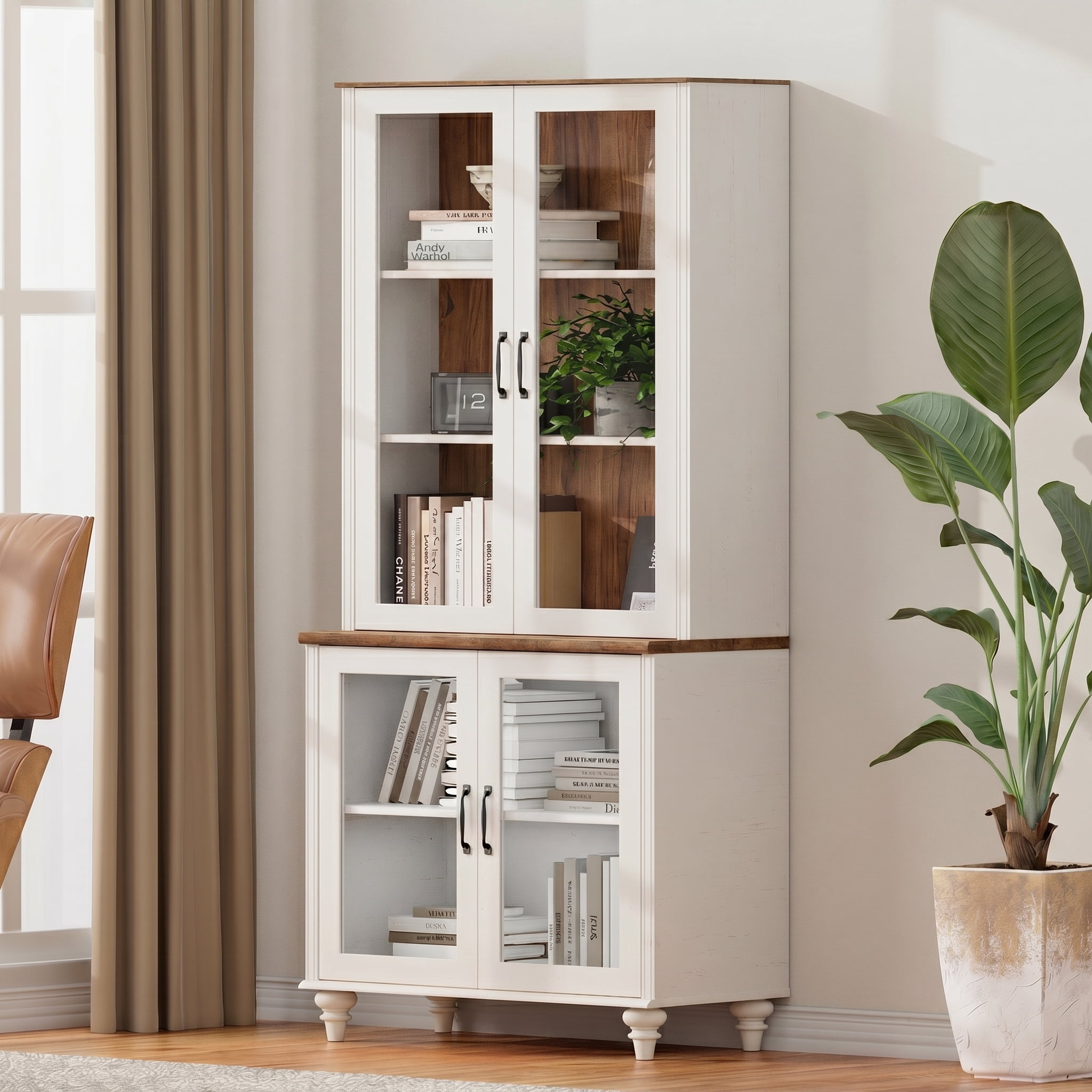 White 5-Tier Bookcase with Glass Doors and Adjustable Shelf, Farmhouse Library Wooden Bookshelves for Living Room, Office, Kitchen