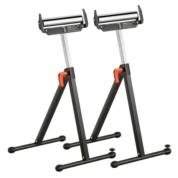 VEVOR 2-Pack Roller Stands, 250 lbs Load Capacity, 27-43 in Adjustable Height, Folding Heavy Duty with Polished Steel Roller Head & Edge Guides, for Table Saw Outfeed Woodworking Extension Support