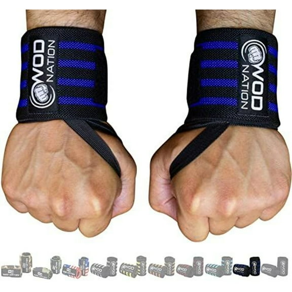 WOD Nation Wrist Wraps for Weightlifting - 12 In, Black & Dark Blue - Support Straps for Strength Training, Powerlifting & Bodybuilding - Lifting Straps with Thumb Loop