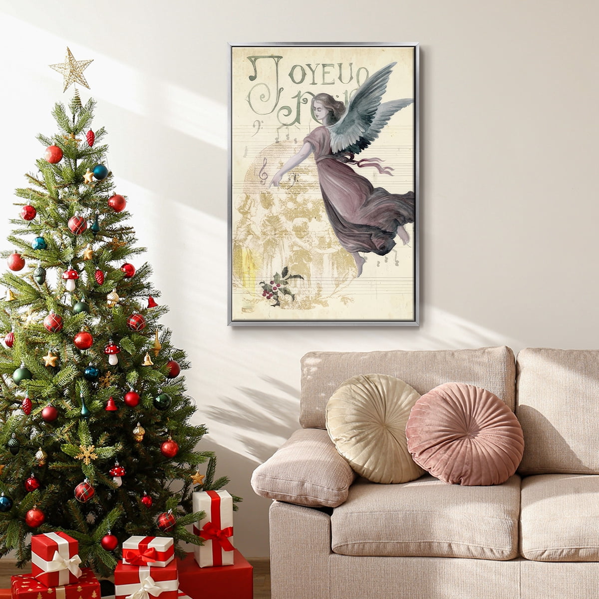 Christmas Greetings Collection B - Framed Gallery Wrapped Holiday Canvas - 27 x 41 - Silver Frame