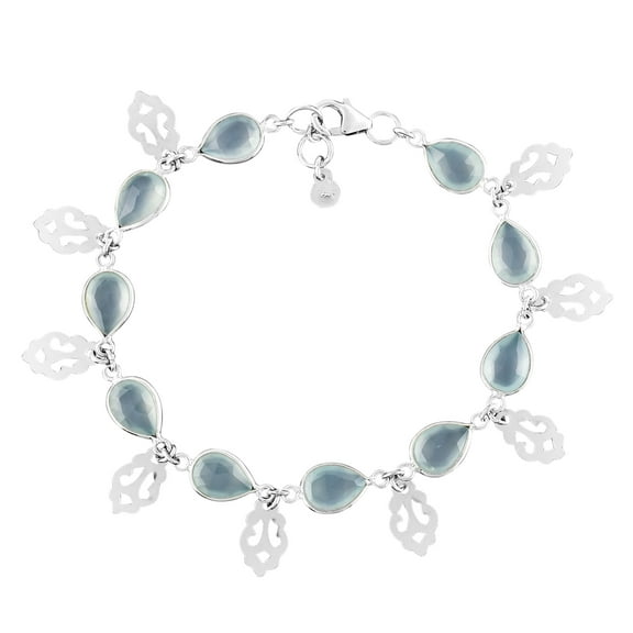 QNAVIC Natural Aqua Chalcedony Cabochon Bezel Charm Bracelet For Women, Healing Chakra Crystal, October Birthstone, Rhodium Plated 925 Sterling Silver Handmade Dainty Bracelet, Gifts for Her