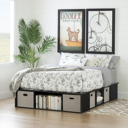 South Shore Flexible Black Oak Platform Bed with Storage and Baskets, Multiple Sizes