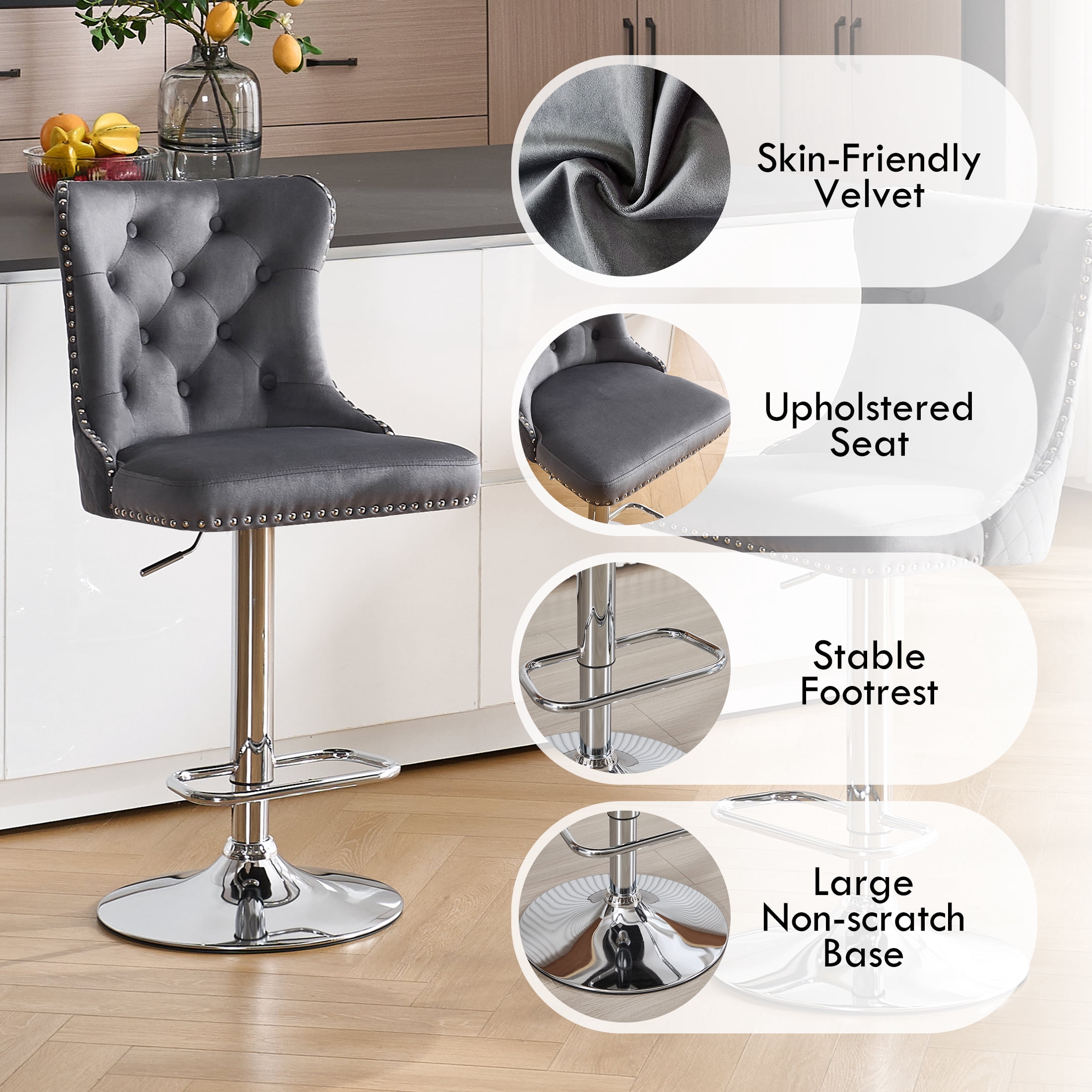 Velvet Bar Stools Set of 4 Modern Counter Height Bar Stools with Lion Pull Ring Tufted High Back, Nailhead Upholstered Barstools for Home Kitchen, Swivel Adjustable Stool Chair in Dark Grey