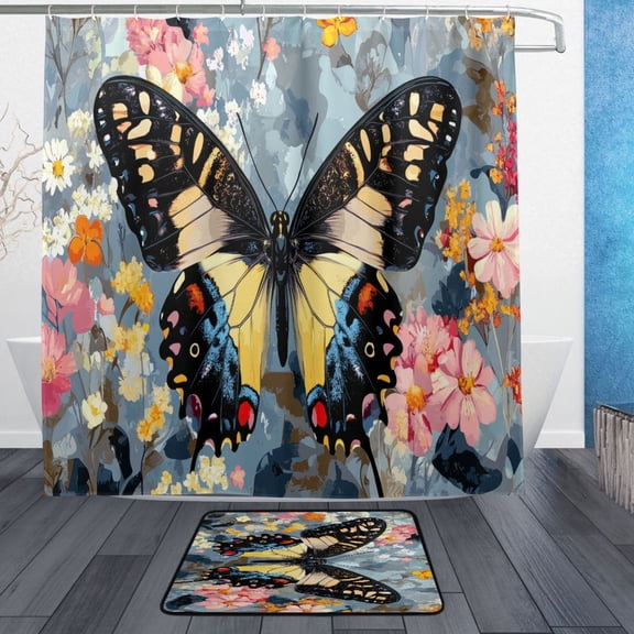 BZSMCE Shower Curtain and Bath Accessory Set,Butterfly on Floral Pattern