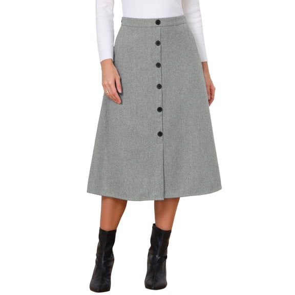 INSPIRE CHIC Work Midi Skirt for Women Button Down High Waist Fall Winter Vintage Skirts XS Grey
