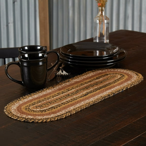 VHC Brands Kettle Grove Primitive Jute Tan Striped Textured Oval Kitchen Table Runner 8"x24"