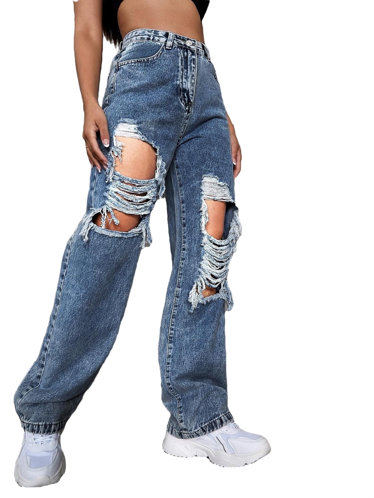 Women's High Ripped Casual Denim Pants Walmart.com