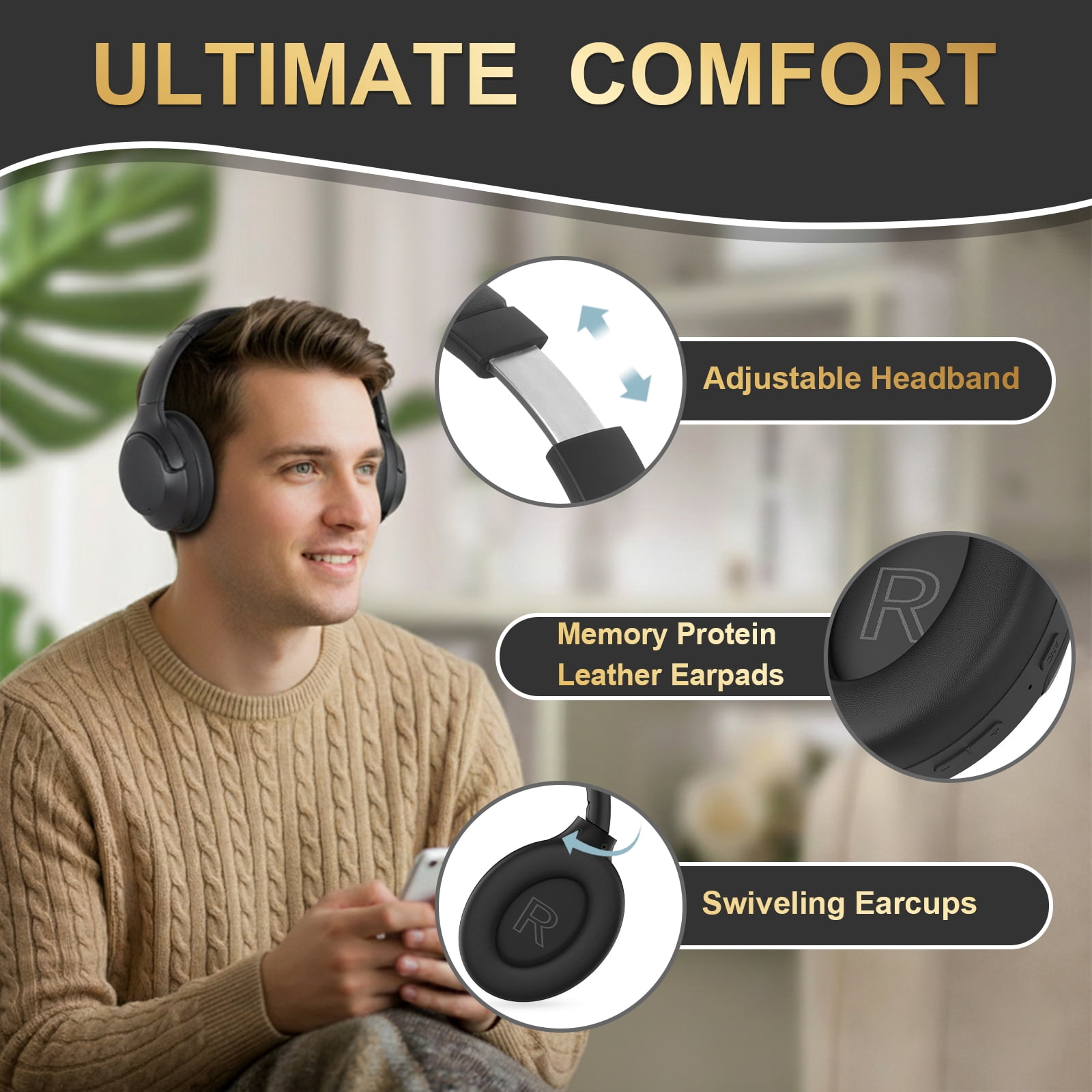 FOFUN NC50 Hybrid Active Noise Cancelling Headphones Wireless Bluetooth 6.0, Foldable Over Ear Headphones, Custom EQ via App, 65 Hours Playtime, Low Latency Game Mode, Multipoint Connection