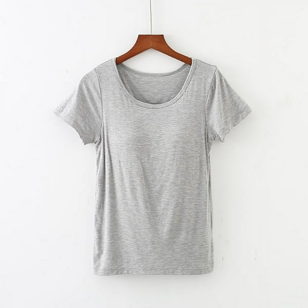 Camiseta de manga corta con almohadilla para el pecho Camiseta de base de una pieza ajustada con copa modal para mujer Top de mujer con cuello redondo Sujetador sin uso