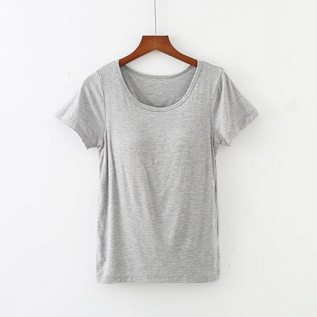 Camiseta de manga corta con almohadilla para el pecho Camiseta de base de una pieza ajustada con copa modal para mujer Top de mujer con cuello redondo Sujetador sin uso