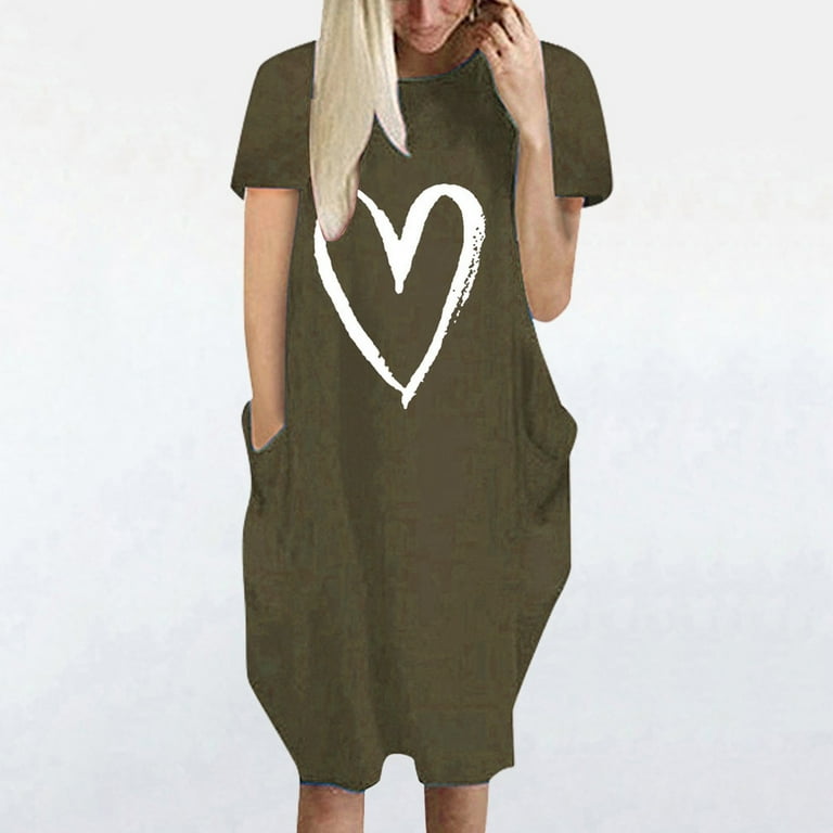 Odeerbi Summer 2025 Casual Dresses for Women Loose Print Dress Short Sleeve  V-Neck Dress Olive Green - Walmart.com