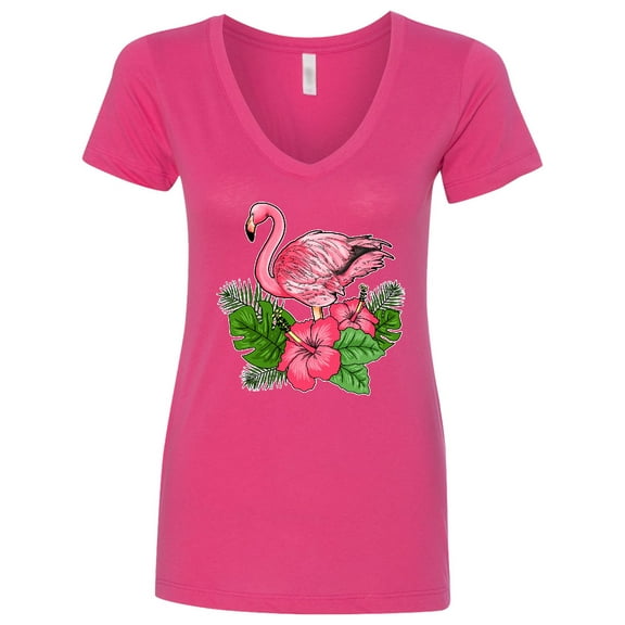Inktastic Flamingo with Tropical Flowers Women's V-Neck T-Shirt