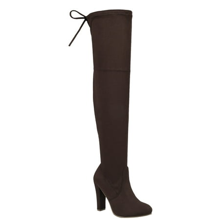Brown Suede High Heel - Women's Over Knee High Block Chunky Heel Thigh Heel Faux Suede Boots (FREE SHIPPING)
