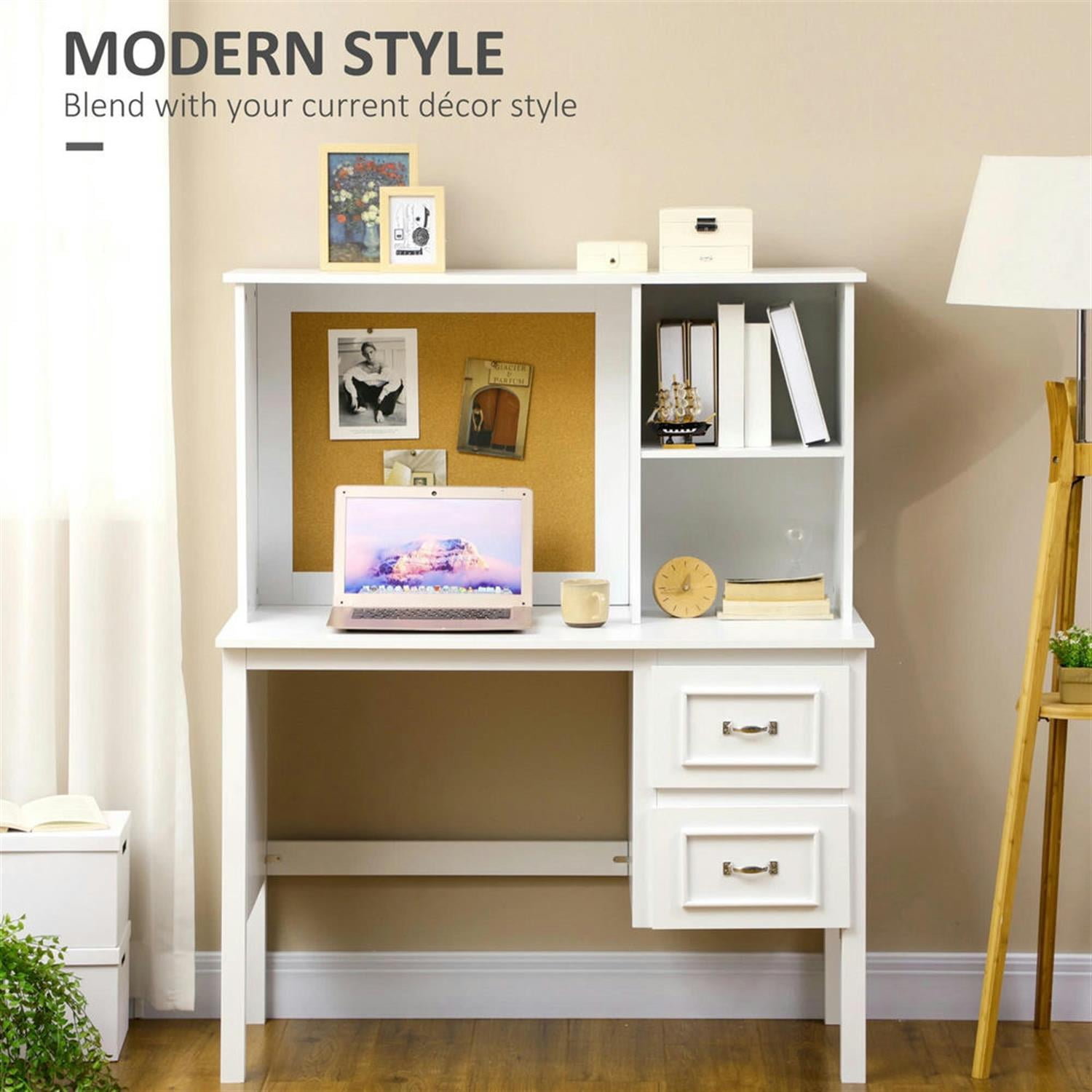 Demi Bonn Modern Office Desk with Cable Hole, Drawer and Storage Shelves, Home Computer Desk for Living Room, Office, Study Writing Table PC Desks, White