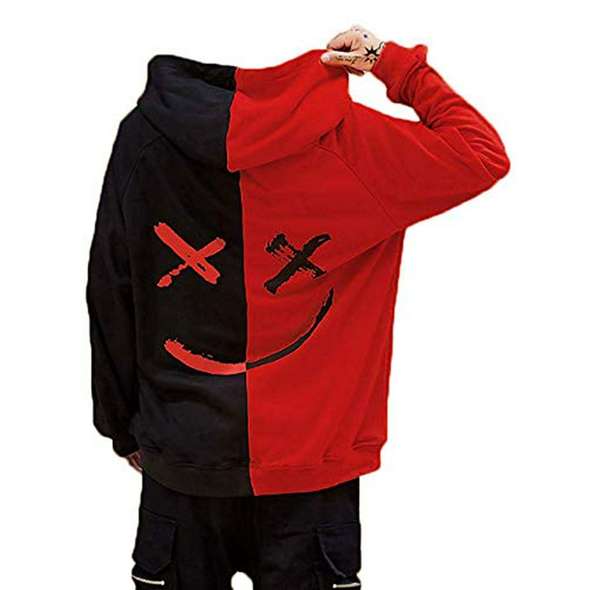 Mens Boys Fashion Hooded Jerseys Long Sleeve Contrast Color Smile Hip Hop Sweatshirt Hoodies Black Red Medium Walmart