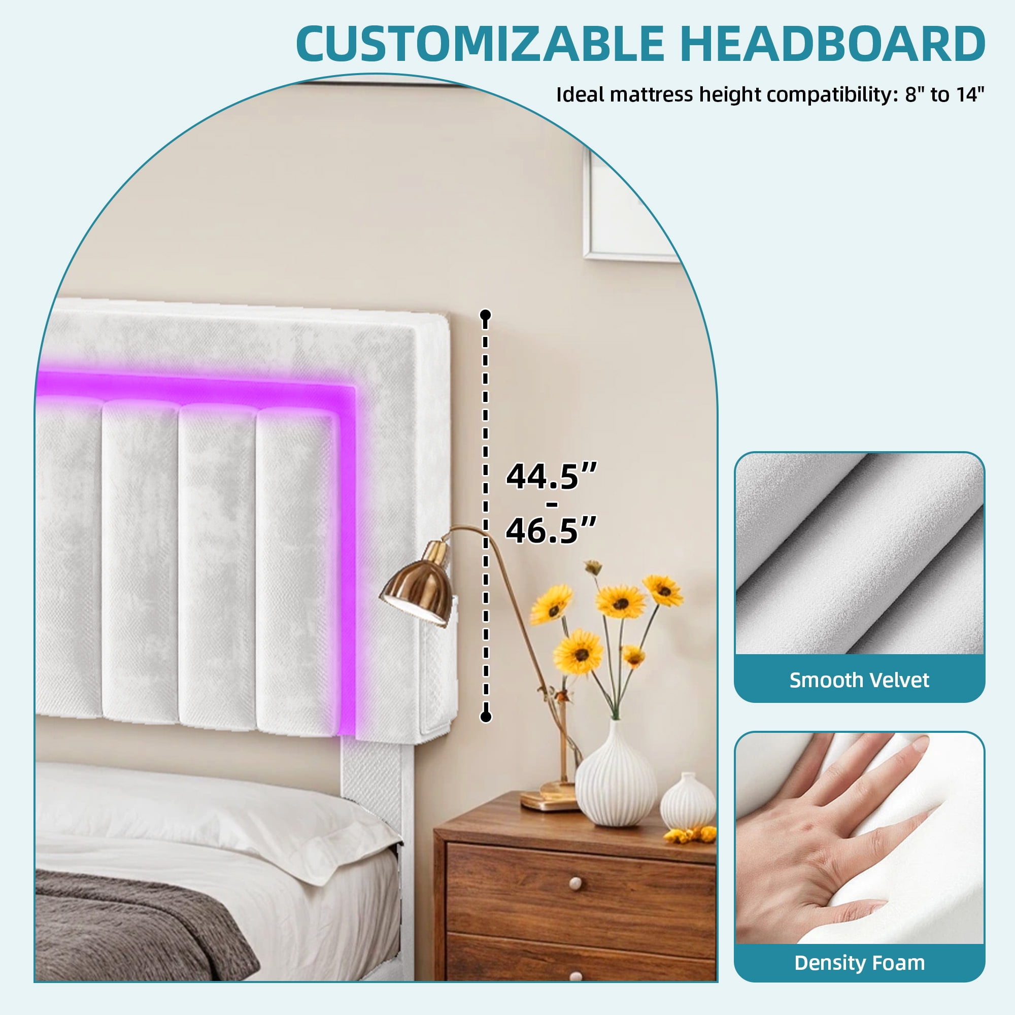 Uforic Queen Size White Velvet Upholstered Platform Bed Frame with RGB LED Lights, 4 Storage Drawers & USB Ports