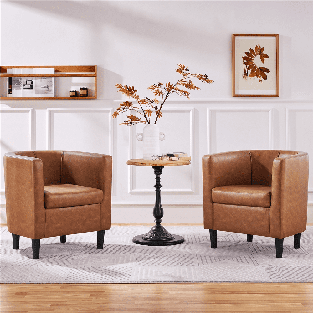 Renwick Upholstered Barrel Shaped Accent Chairs with Curved Backrest, Set of 2, Brown