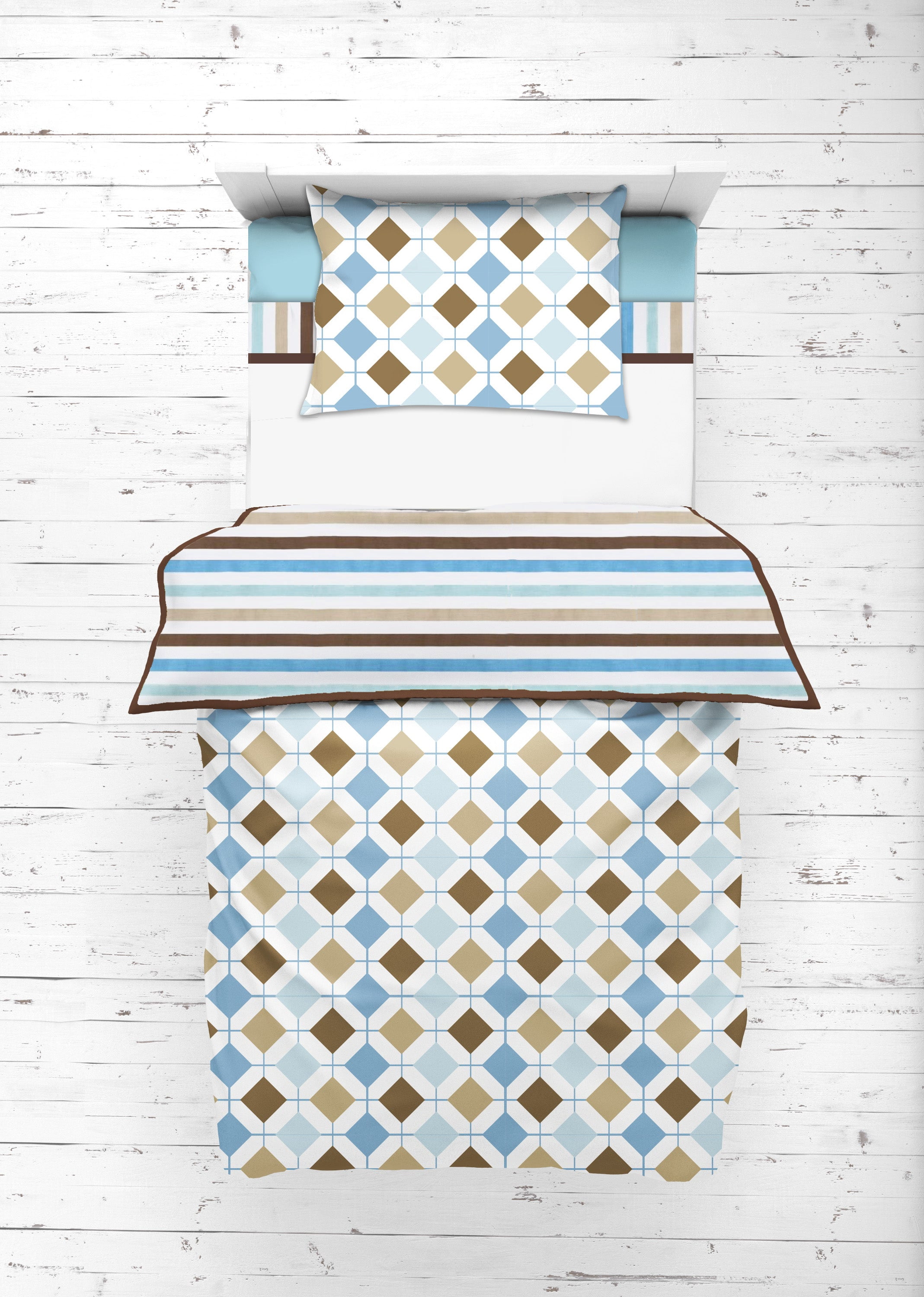 Bacati - Boys 4 pc Toddler Bedding/3 pc Sheet Set 100% Cotton Percale, Mod Diamonds Stripes, Aqua/Teal/Beige/Brown
