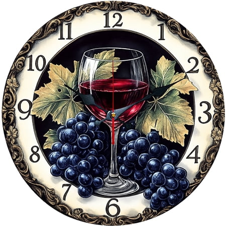 Hoease 10 Inch Silent Wall Clock, Vintage Red Wine Grape Decorative Wall Clock, Battery Operated Non-Ticking Round Clock for Kitchen Living Room Wine Lover Home Decor