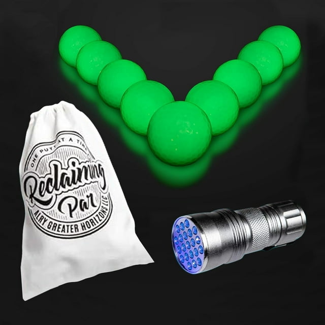 Reclaiming Par Glow in The Dark Golf Balls, Practice Golf Balls for Backyard, Golf Accessories for Adults, Pack of 9Pcs Night Light Floating Golf Balls, UV Flashlight and White Drawstring Bag