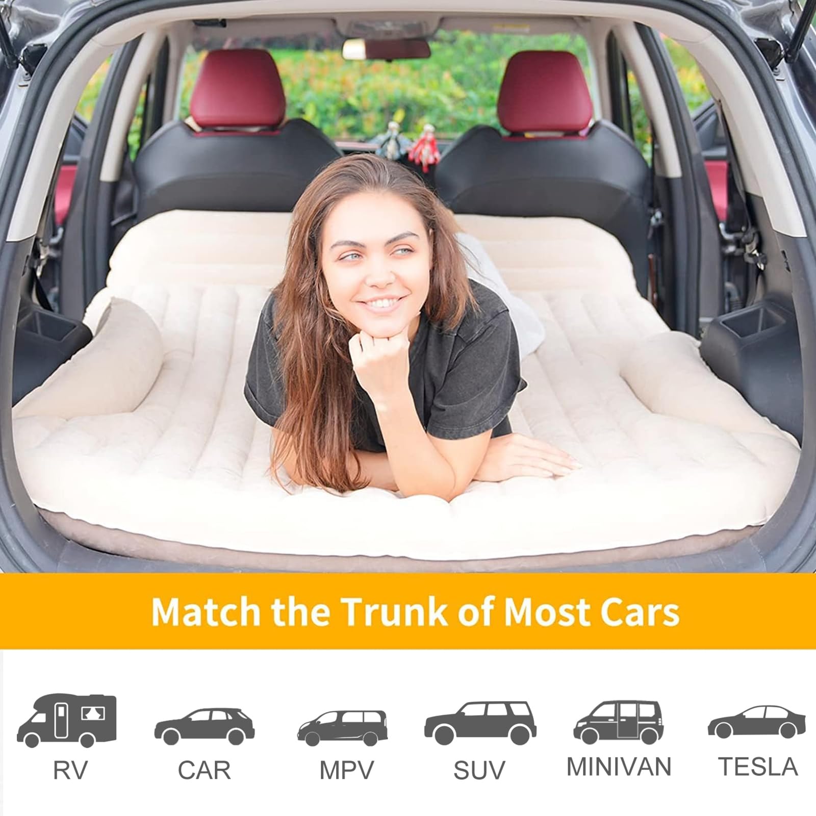 QDH SUV Air Mattress Thickened and Double-Sided Flocking Travel Camping Bed with 2 Pillows & Electric Pump Dedicated Mobile Cushion Inflatable Bed for SUV Trunk and Rear Seat (Beige and Coffee)
