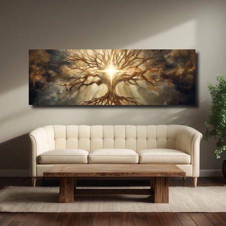 Tree Of Life With Glowing Cross Christian Panoramic Wall Art Faith & Light Ism For Living Room Or Office Warm Vintage