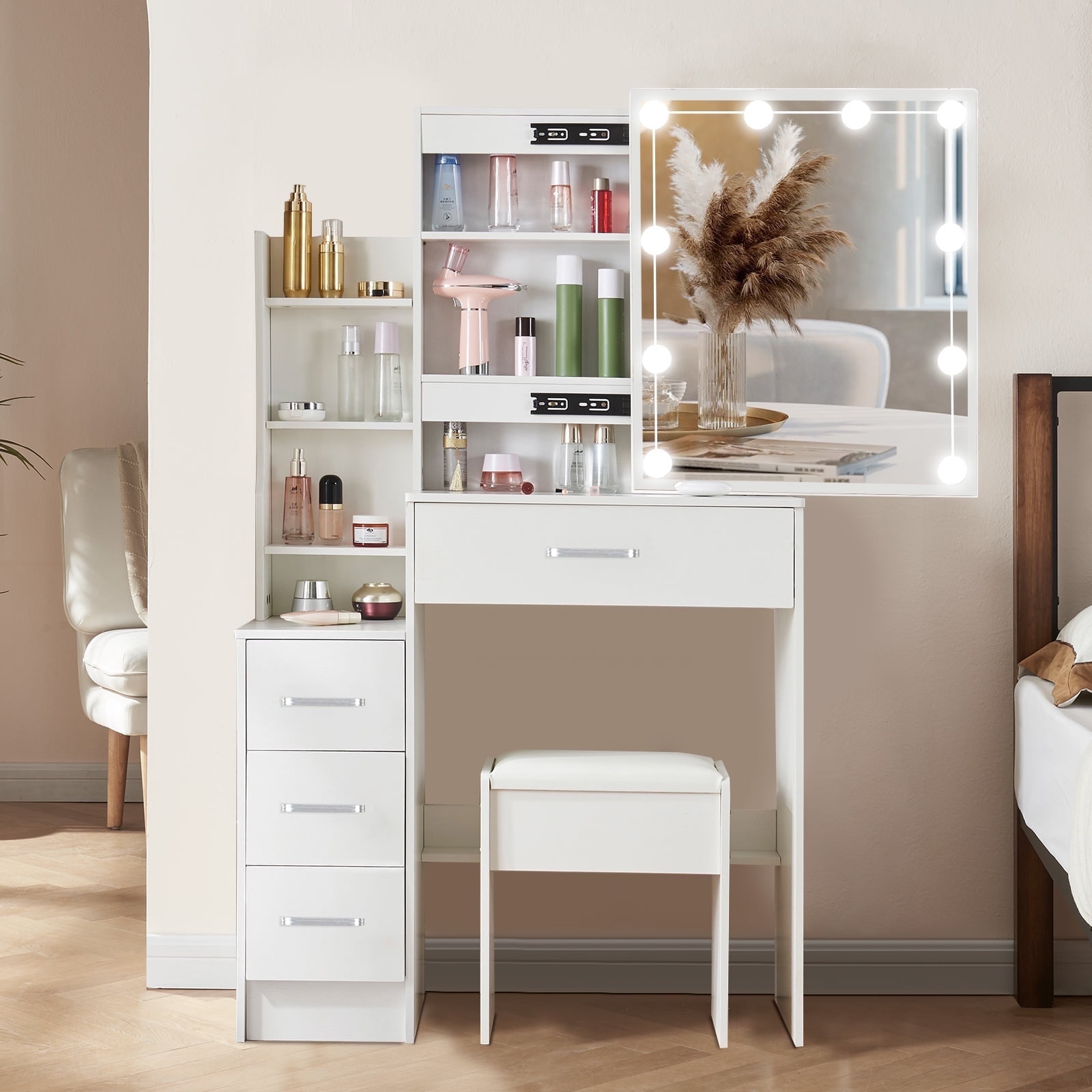 化粧台 化粧室 DRESSING TABLE WITH LIGHTS MDF Dressing Table Smart Mirror - Adequate Storage Capacity