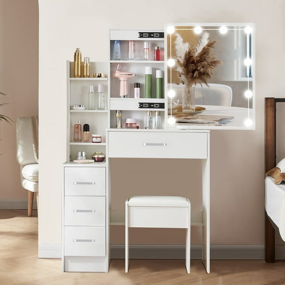 Caulitar Makeup Vanity Set with Sliding Mirror Dressing Table with 4 Drawers & Stool for Bedroom, White