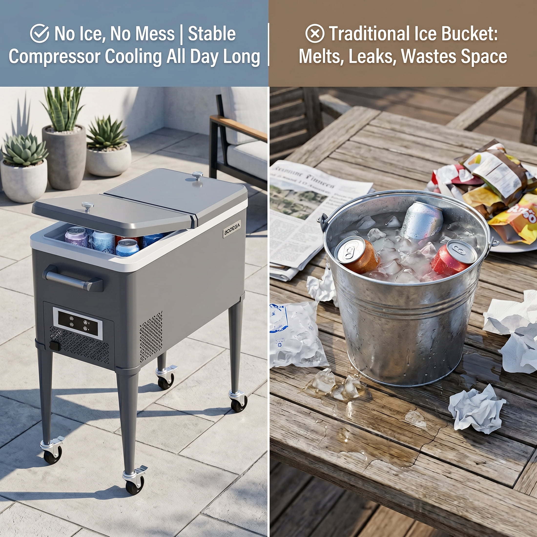 Bodega 50L 1.8 Cu.Ft Portable Compressor Cooler, -4°F to 68°F Outdoor Refrigerator Freezer, AC/DC Dual Power No Ice Needed Fridge, Rolling Wheeled Beverage Cooler for Patio, Porch,Party, Gathering